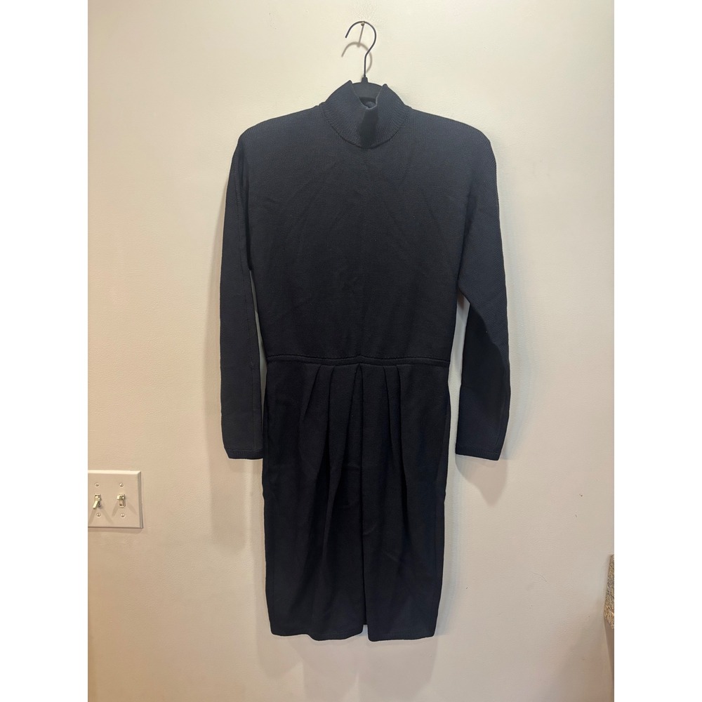 Vtg St John Marie Gray Saks Fifth Avenue Black Knit Mock Neck Pleated Dress 2